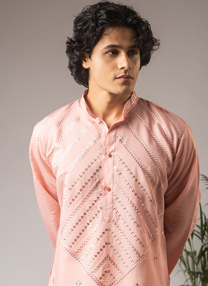 Light Pink Silk Blend Embroidery Work Festival Wear Readymade Kurta Pajama SW746258