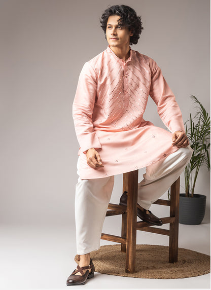 Light Pink Silk Blend Embroidery Work Festival Wear Readymade Kurta Pajama SW746258