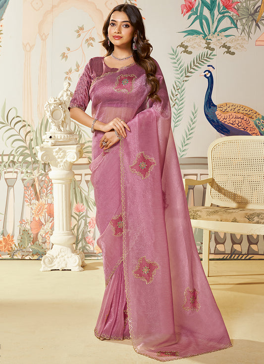 Silk Light Pink Saree with Embroidery Work for Festival Wear 385036