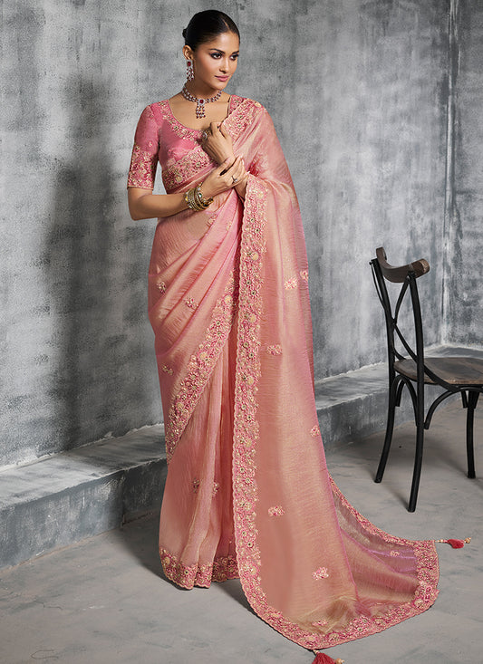 Silk Light Pink Saree with Embroidery Work for Wedding Wear 385007