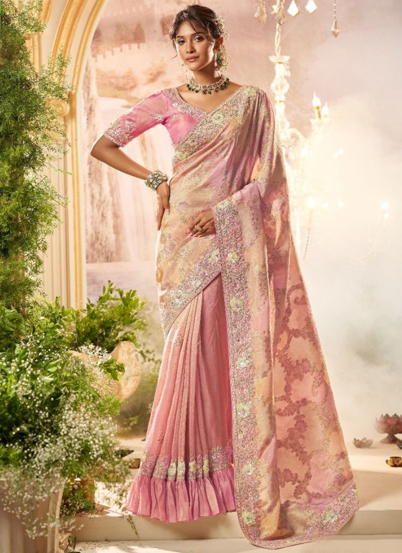 Light Pink Silk Hand Work Wedding Wear Saree SW863368