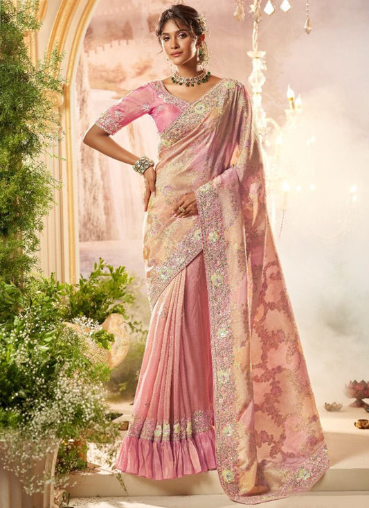 Light Pink Silk Hand Work Wedding Wear Saree SW863368