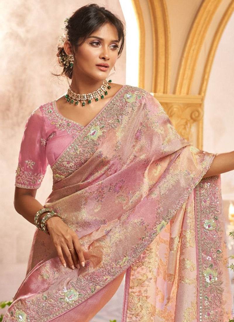 Light Pink Silk Hand Work Wedding Wear Saree SW863368