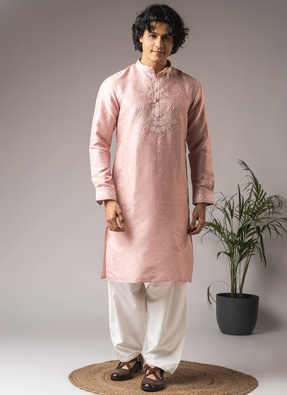 Light Pink Viscose Embroidery Work Festival Wear Readymade Kurta Pajama SW914850