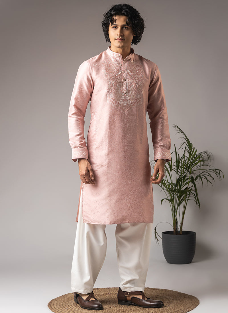 Light Pink Viscose Embroidery Work Festival Wear Readymade Kurta Pajama SW914850