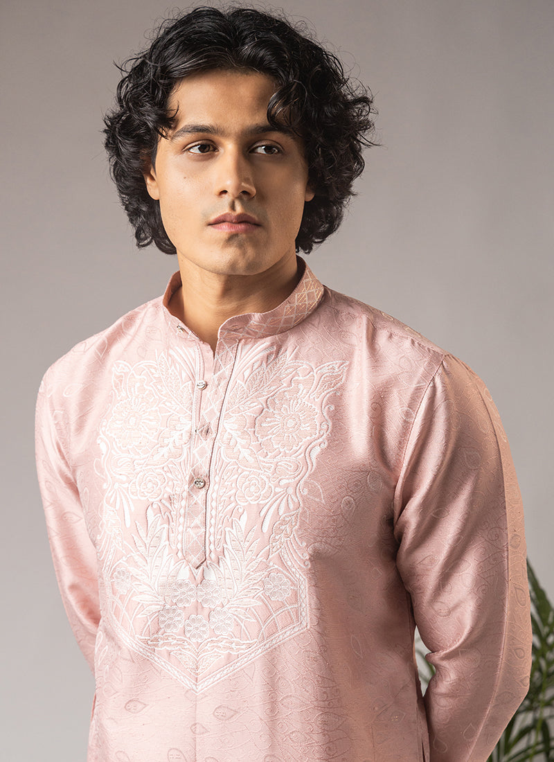 Light Pink Viscose Embroidery Work Festival Wear Readymade Kurta Pajama SW914850
