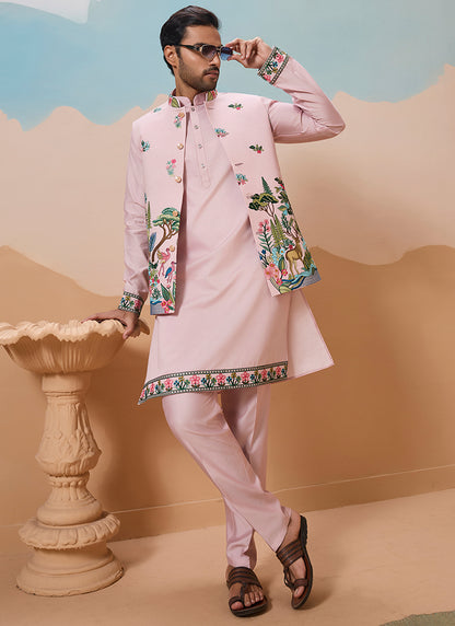 Viscose Silk Light Pink Festival Wear Sequins Embroidery Work Readymade Modi Jacket Kurta Pajama 388286