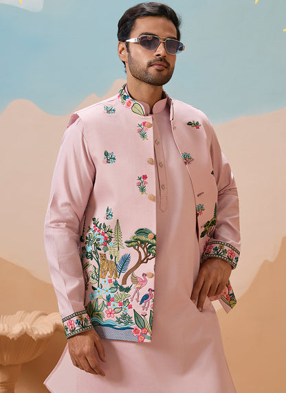 Viscose Silk Light Pink Festival Wear Sequins Embroidery Work Readymade Modi Jacket Kurta Pajama 388286