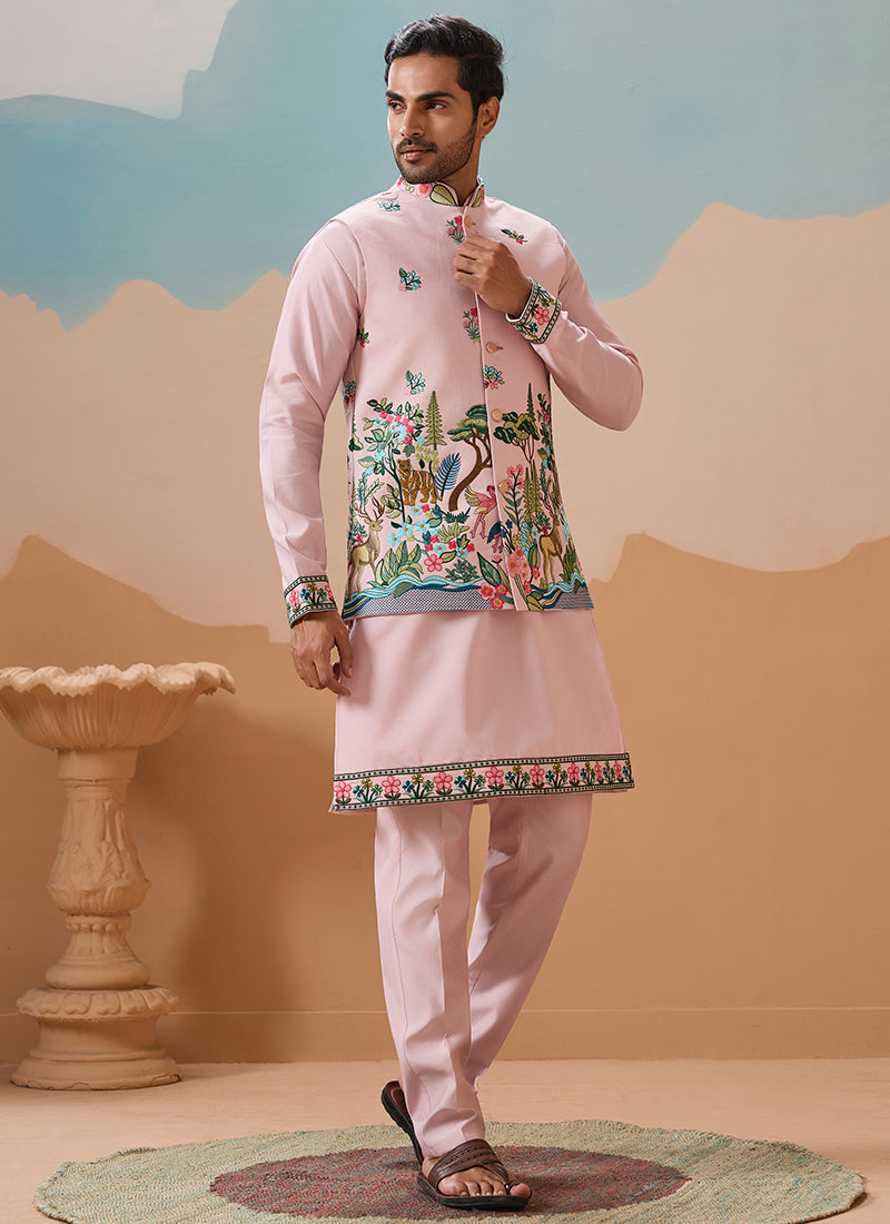 Viscose Silk Light Pink Festival Wear Sequins Embroidery Work Readymade Modi Jacket Kurta Pajama 388286