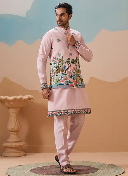 Viscose Silk Light Pink Festival Wear Sequins Embroidery Work Readymade Modi Jacket Kurta Pajama 388286