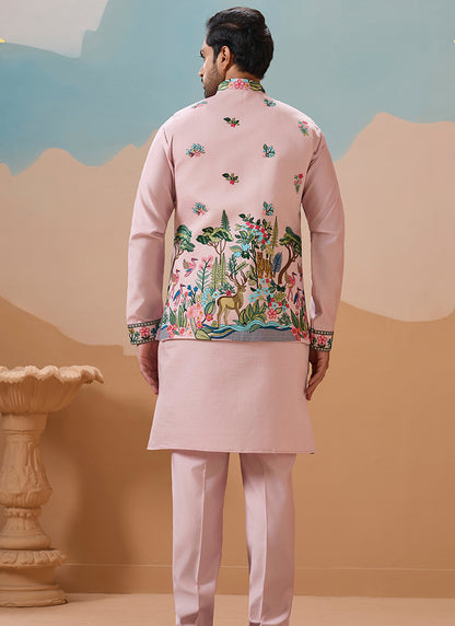 Viscose Silk Light Pink Festival Wear Sequins Embroidery Work Readymade Modi Jacket Kurta Pajama 388286