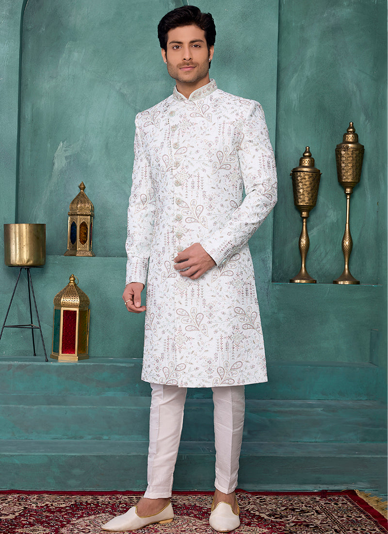 Light Pista Art Silk Computer Thread Work Party Wear Readymade Sherwani SW421415