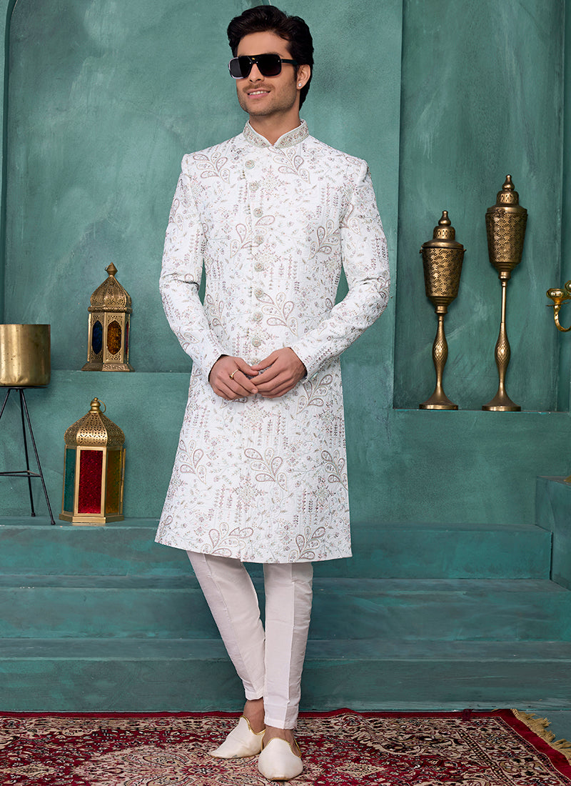 Light Pista Art Silk Computer Thread Work Party Wear Readymade Sherwani SW421415
