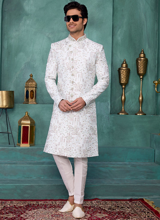 Light Pista Art Silk Computer Thread Work Party Wear Readymade Sherwani SW421415