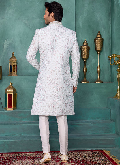 Light Pista Art Silk Computer Thread Work Party Wear Readymade Sherwani SW421415