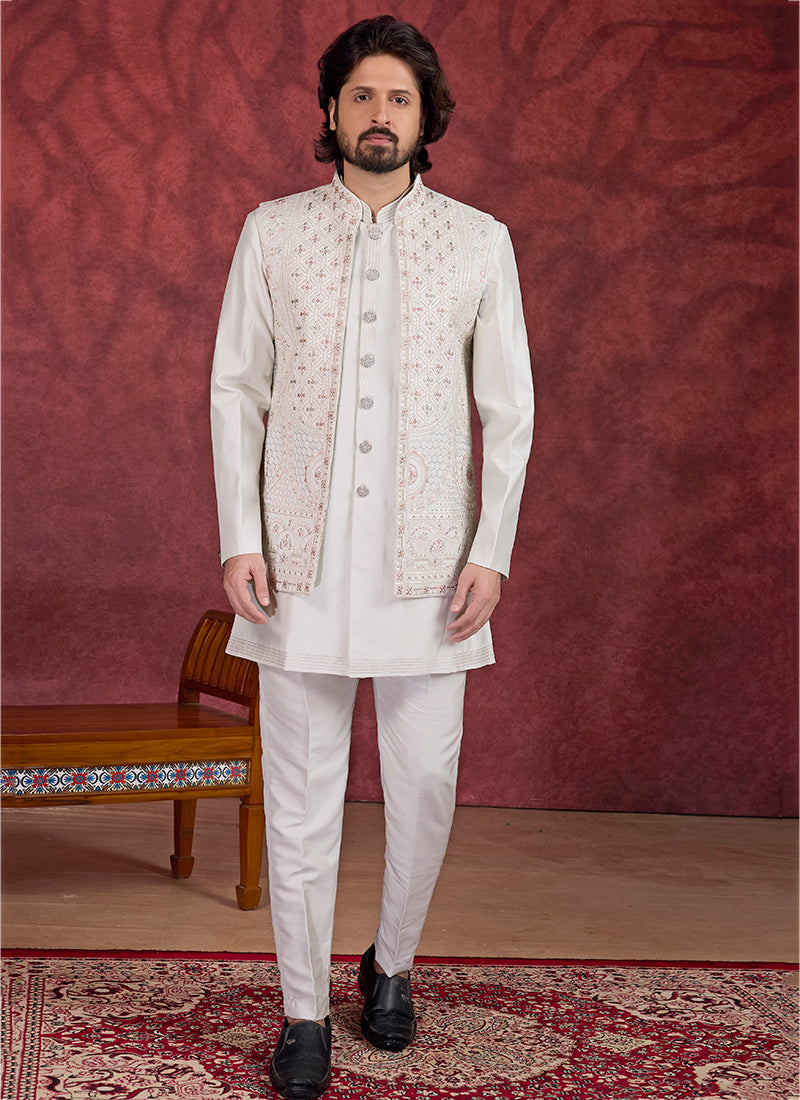 Art Silk Light Pista Green Wedding Wear Embroidery Work Readymade IndoWestern Sherwani 387389