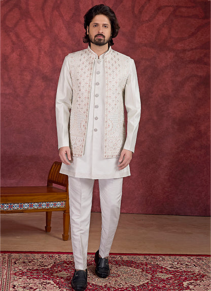 Art Silk Light Pista Green Wedding Wear Embroidery Work Readymade IndoWestern Sherwani 387389