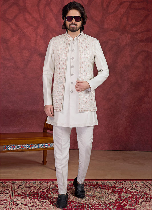 Art Silk Light Pista Green Wedding Wear Embroidery Work Readymade IndoWestern Sherwani 387389