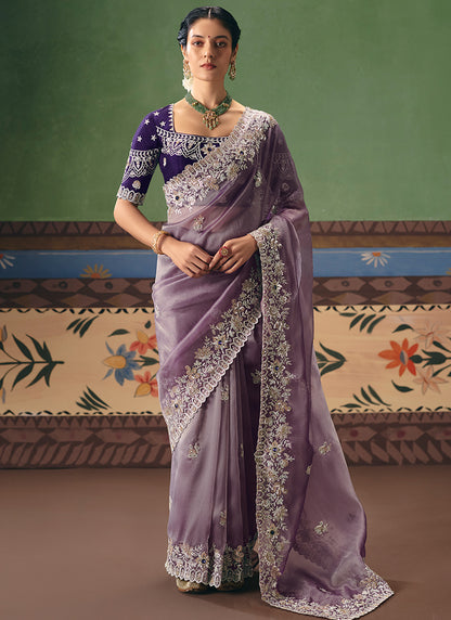 Light Purple Fancy Embroidery Work Wedding Wear Saree SW640491