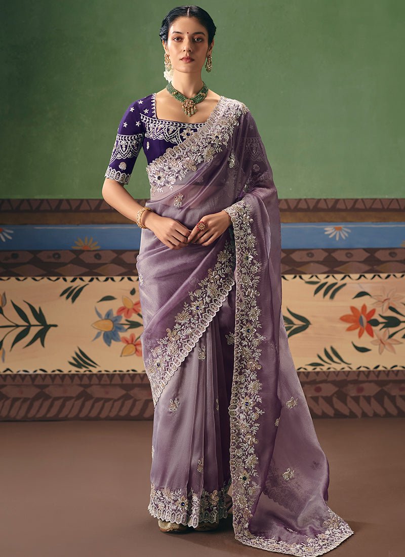 Light Purple Fancy Embroidery Work Wedding Wear Saree SW640491