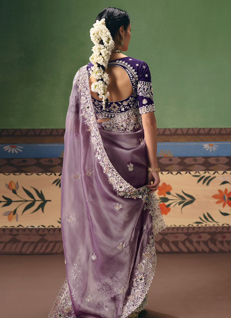 Light Purple Fancy Embroidery Work Wedding Wear Saree SW640491