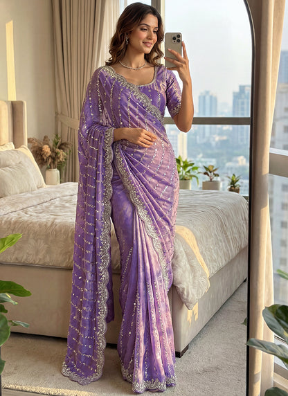 Light Purple Fendi Satin Sequins Work Festival Wear Saree SW987133