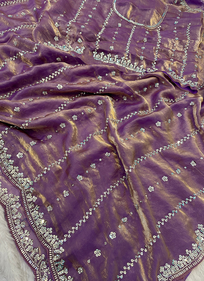 Light Purple Fendi Satin Sequins Work Festival Wear Saree SW987133