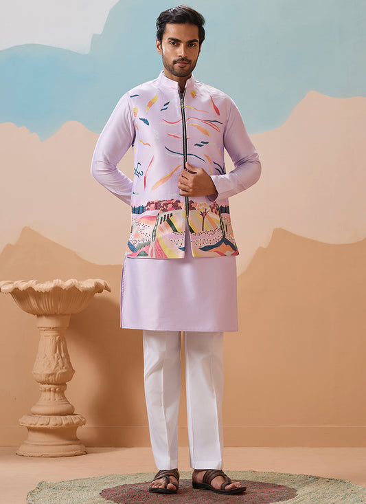 Silk Light Purple Festival Wear Embroidery Work Readymade Modi Jacket Kurta Pajama 386375