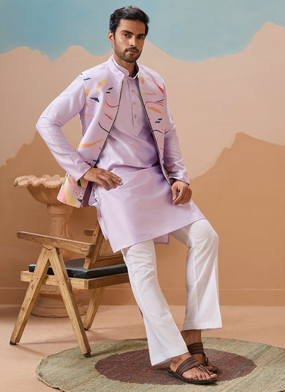 Silk Light Purple Festival Wear Embroidery Work Readymade Modi Jacket Kurta Pajama 386375