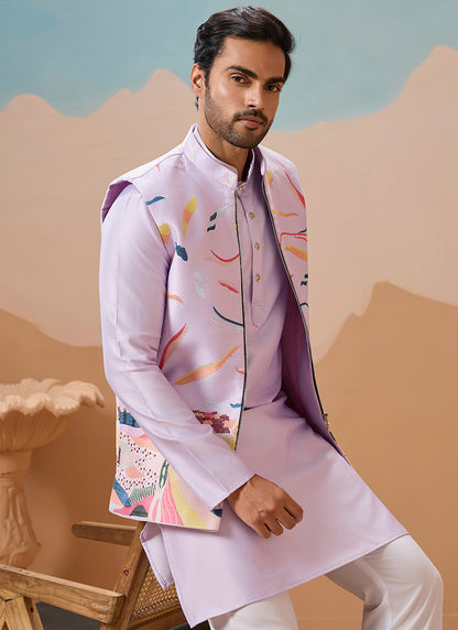 Silk Light Purple Festival Wear Embroidery Work Readymade Modi Jacket Kurta Pajama 386375