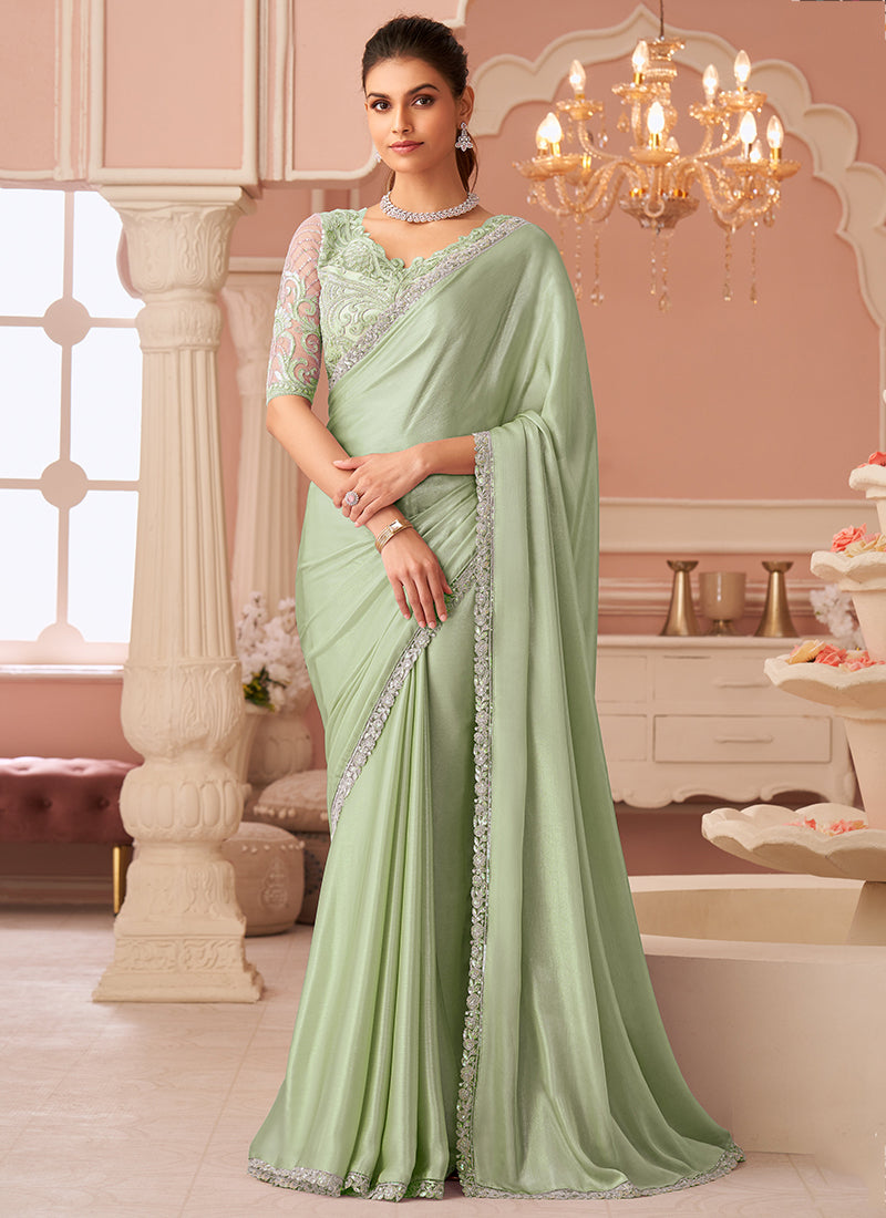 Chiffon Light Sage Saree with Sequin Work for Occasional Wear 383773