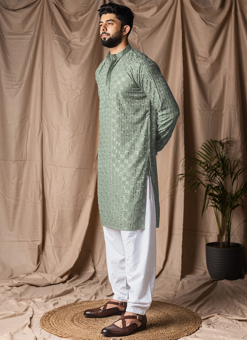 Light Green Viscose Rayon Weaving Work Festival Wear Readymade Kurta Pajama SW935209