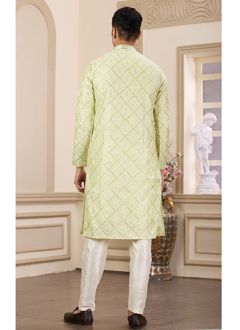 Light Green Art Silk Readymade Kurta Pajama for Festive Occasions
