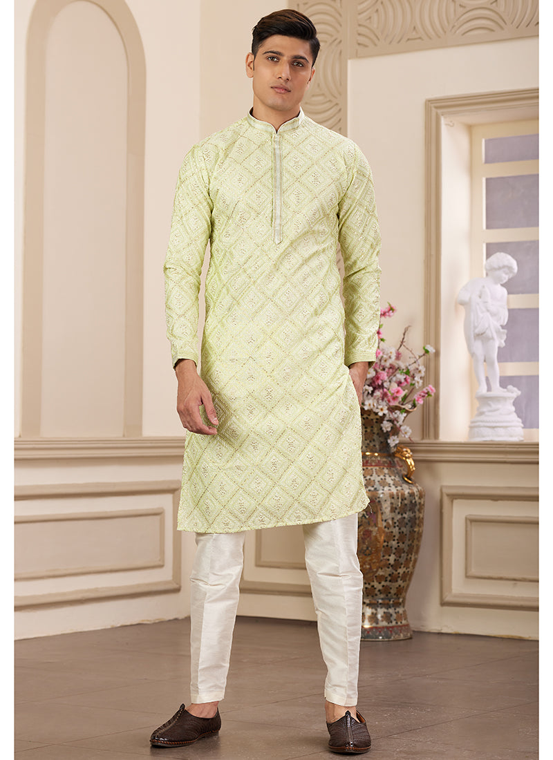 Light Green Art Silk Readymade Kurta Pajama for Festive Occasions