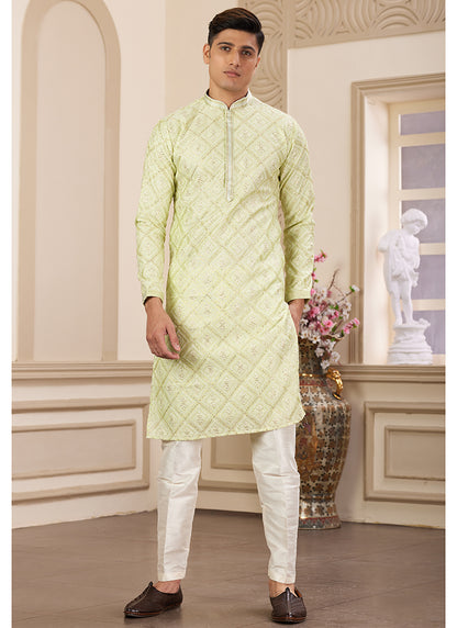 Light Green Art Silk Readymade Kurta Pajama for Festive Occasions