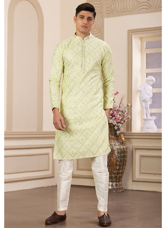 Light Green Art Silk Readymade Kurta Pajama for Festive Occasions