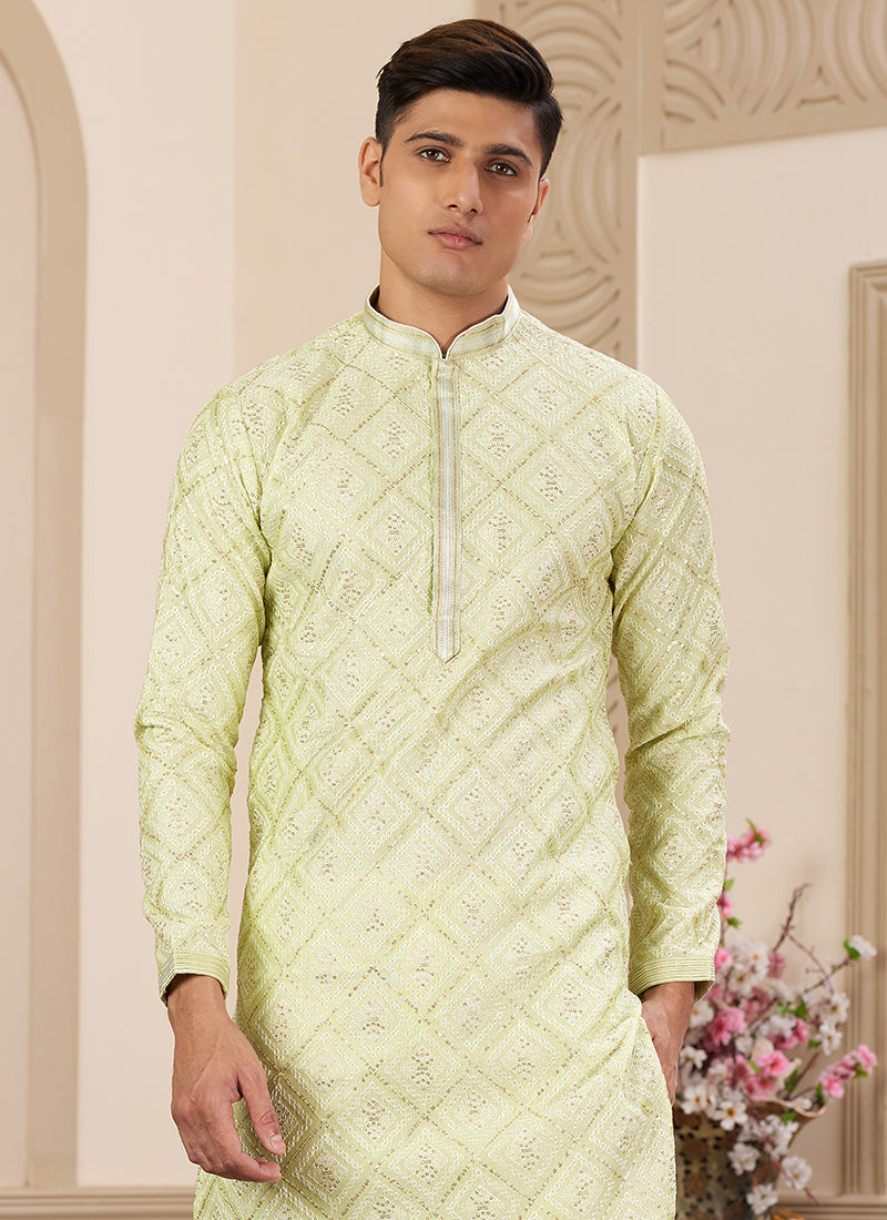 Light Green Art Silk Readymade Kurta Pajama for Festive Occasions