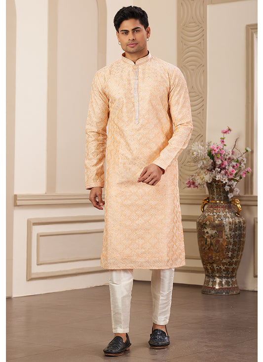Trendy Light Orange Art Silk Festive Kurta Pajama with Shimmering Sequins
