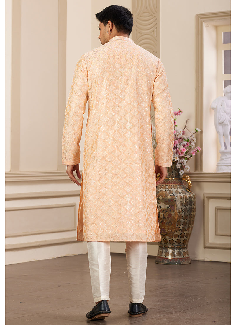 Trendy Light Orange Art Silk Festive Kurta Pajama with Shimmering Sequins