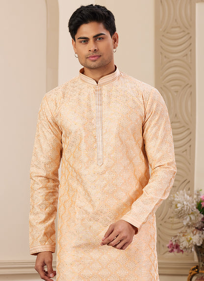 Trendy Light Orange Art Silk Festive Kurta Pajama with Shimmering Sequins