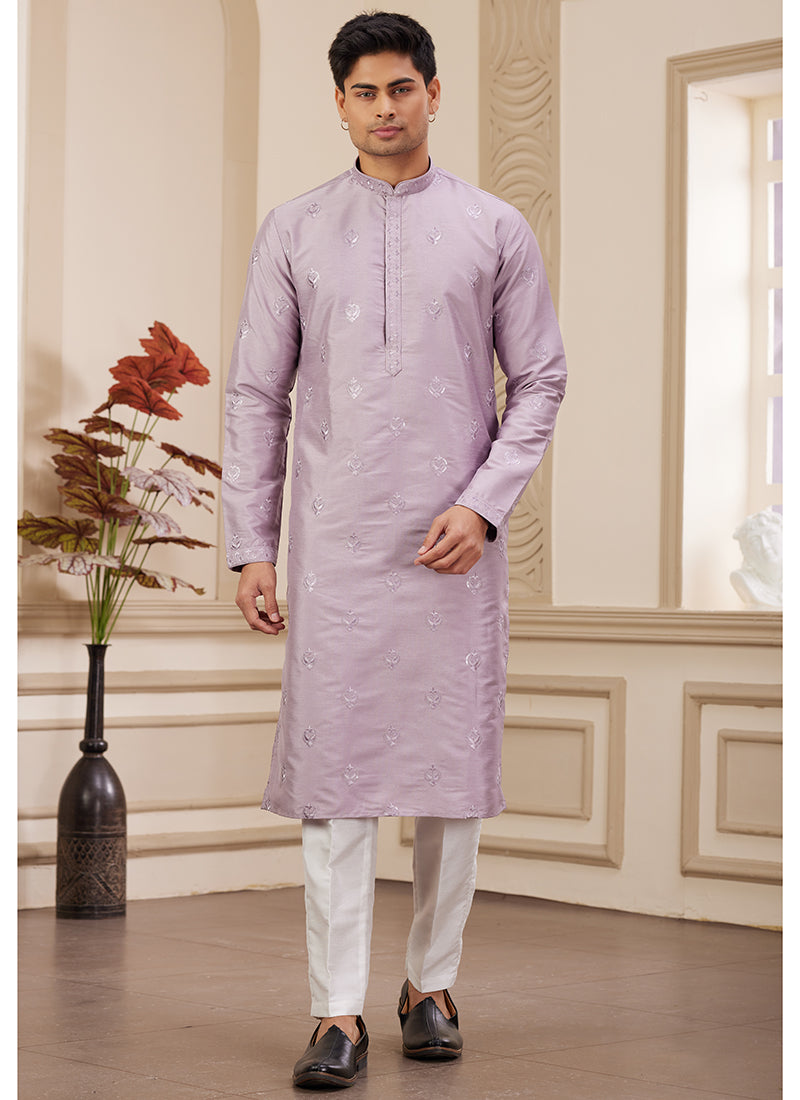 Trendy Light Purple Art Silk Festive Kurta Pajama with Shimmering Sequins