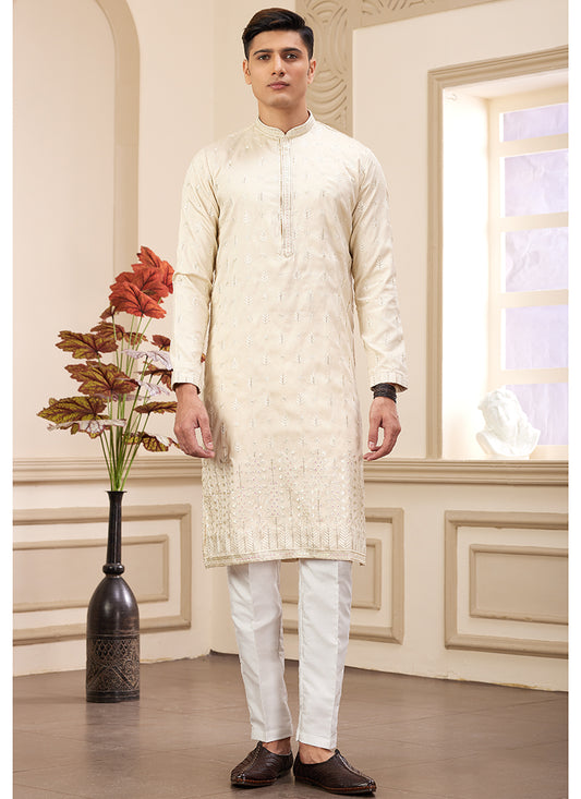 Art Silk Light Yellow Party Wear Sequin Embroidery Readymade Kurta Pajama