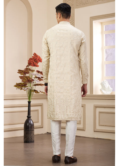 Art Silk Light Yellow Party Wear Sequin Embroidery Readymade Kurta Pajama