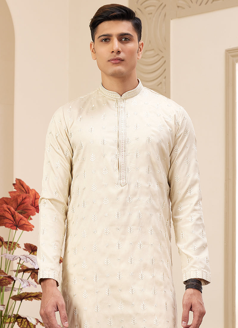 Art Silk Light Yellow Party Wear Sequin Embroidery Readymade Kurta Pajama