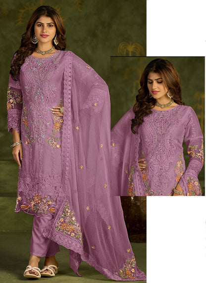 Lilac Chiffon Embroidery Work Eid Wear Pakistani Suit SW128233