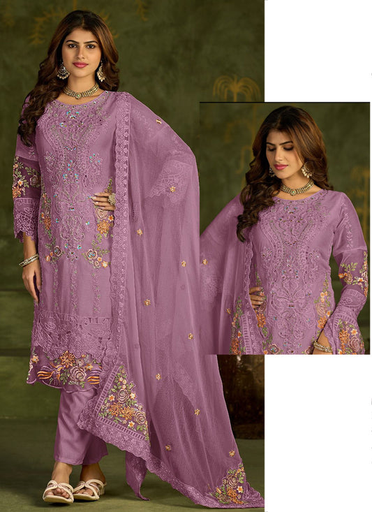 Lilac Chiffon Embroidery Work Eid Wear Pakistani Suit SW128233
