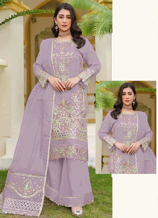 Faux Georgette Lilac Eid Wear Embroidery Work Pakistani Suit 388566