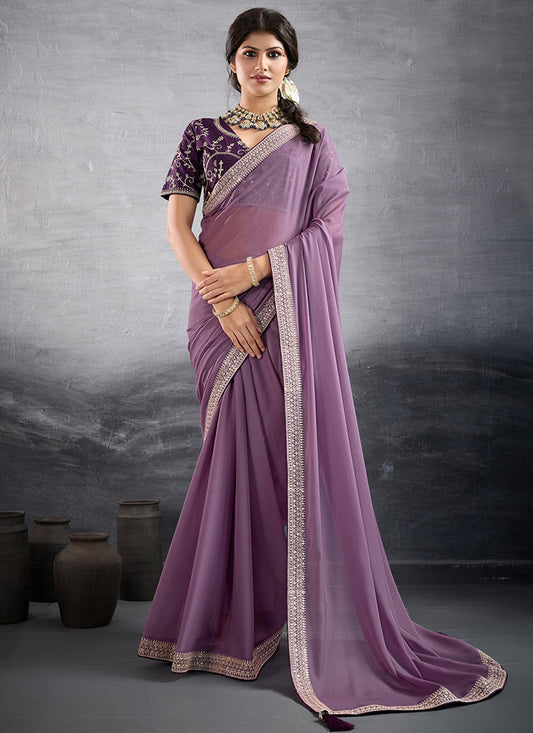 Georgette Lilac Party Wear Embroidery Work Saree 385554