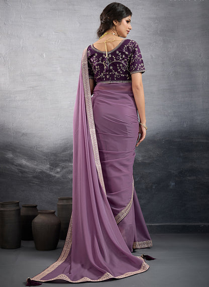 Georgette Lilac Party Wear Embroidery Work Saree 385554