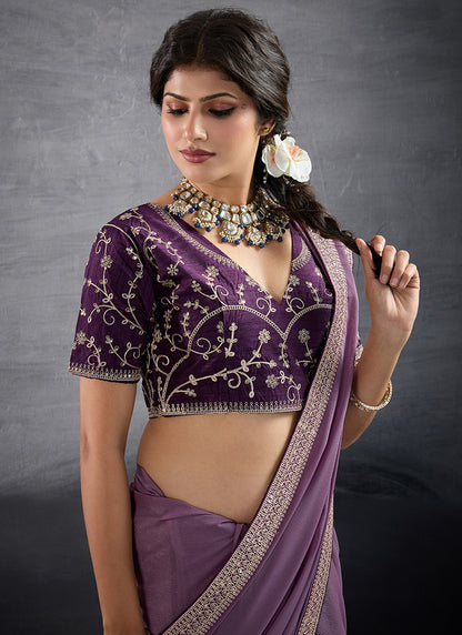 Georgette Lilac Party Wear Embroidery Work Saree 385554
